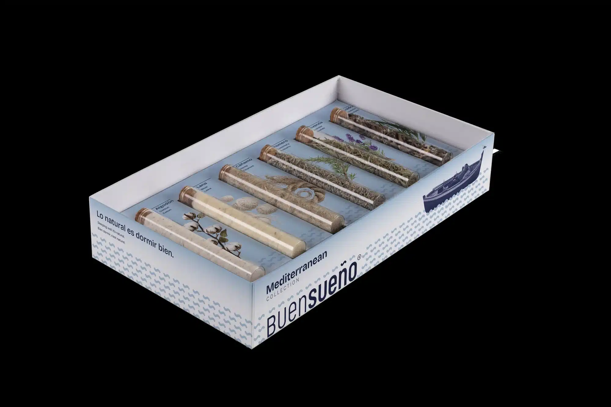 Caja muestrario Mediterranean de Buensueño con las seis fibras naturales